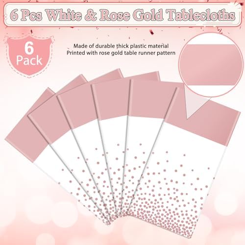 6Pcs White and Rose Gold Tablecloth Party Decorations,Plastic White Table Cloth Printed Rose Gold Table Runner Disposable Rectangle Table Cover for Birthday Anniversary Wedding Grad Party,54 x108 Inch - Image 4