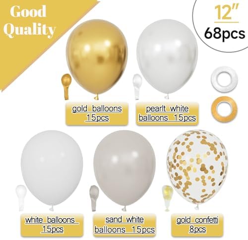 68Pcs Sand White Gold Confetti Balloons Kit 12 Inch Ballons Beige Pearl White Balloon Gold Party Balloons with Ribbons for Birthday Wedding engagement Baby Shower Graduation Decorations. - Image 2