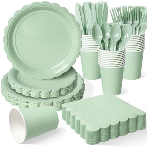 Vyntra 175 Pcs Sage Green Paper Plates and Napkins Party Supplies by PartyTablewareSupplies