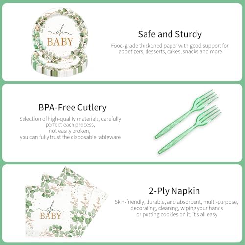 72pcs Oh Baby Eucalyptus Paper Plates and Napkins Set, 7inch Sage Greenery Baby Shower Party Plate Decorations Disposable Green Leaf Party Supplies for Boys or Girls Gender Reveal Birthday Baby Shower - Image 4