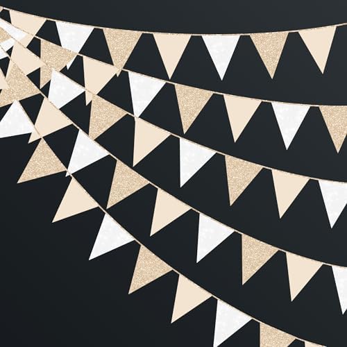 Champagne Gold Beige White Party Pennant Banner Flag Hanging Glitter Paper Triangle Bunting for Birthday Graduation Wedding Shower Engagement Bridal Shower Holiday Baptism Party Decorations by pinkblume