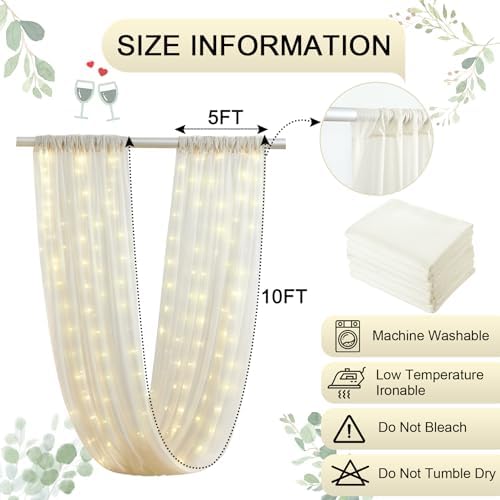 Ivory Ceiling Drapes with Lights String for Weddings, 6 Panels 5ftx10ft Sheer Tulle Backdrop Photo Background Drapes for Wedding Ceremony Birthday Party Arch Decoration - Image 5