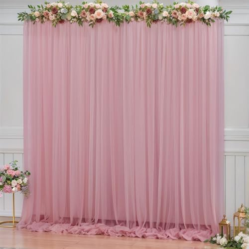 10x10ft Dusty Rose Tulle Backdrop Curtain for Parites, Sheer Backdrop Curtains for Wedding Baby Shower Birthday Party Photo Shoot Decorations by Partisky