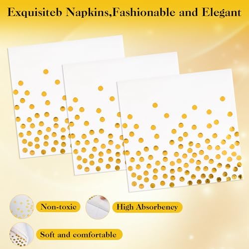 90 Pcs White and Gold Plates and Napkins Party Supplies, Scalloped Gold Polka Dots Tableware Set Include White Gold Dot Cake Dessert Plates, Napkin, Fork for Wedding, Retirement, Birthday, New Year - Image 4