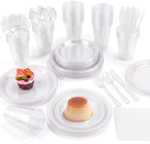 Aodaer 400 Pieces Clear Party Supplies Disposable Dinnerware Set Include Plastic Plates Cups Knives Forks Spoons Paper Napkins for Birthday Wedding Graduation Parties, Serve 50 Guests by Aodaer