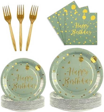 96PCS Happy Birthday Plates and Napkins Party Supplies, Sage Green and Gold Disposable Paper Plates and Napkins with Forks Tableware Set for Birthday Party Decorations 24 Guests (Birthday Sage Green) by KFJBPB