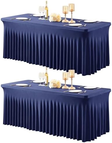 Shillance 2 Packs Navy Blue Spandex Table Covers 6 Foot, Fitted Stretch Table Cloth with Skirts 72x30 Inch, Wrinkle-Free Floor Length Rectangle Tablecloths for Weddings Parties Banquets Events by Shillance