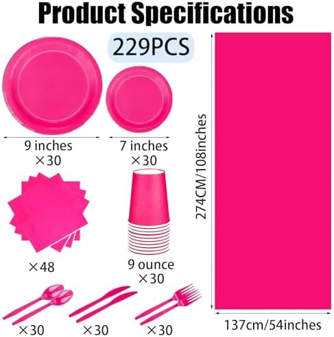 229PCS Hot Pink Party Supplies Set - Paper Disposable Plates Cups Plastic Spoons Forks Knives Napkins Serve 30 Guests - Image 2