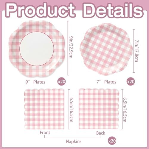60Pcs Pink Gingham Paper Plates and Napkins Party Supplies for 20 Guests - Image 2