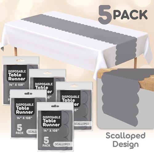 Silver Grey Scallop Table Runner, Disposable Plastic, 5 Pk, 14x108in - Image 2