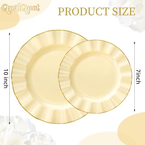 120PCS Yellow Plastic Plates, Wavy Plates with Gold Rim - Image 3