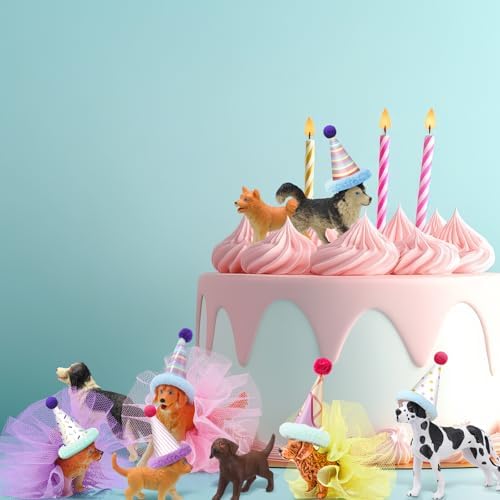 Weysat 27 Pcs Dog Cake Topper with Party Hats Pom Poms Animal Figures - Image 6