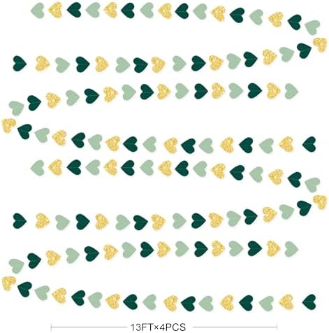 Sage Green and Gold Heart Party Glitter Gold Paper Olive Green Love Heart Hanging Garland Streamer Banner for Woodland Safari Birthday Wedding Anniversary Valentines Day Party Decorations - Image 2