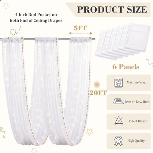 6 Panels White Ceiling Curtains with Lights for Weddings - 5ftx20ft Wrinkle-Free Tulle Fabric Wedding Arch Draping Ceiling Drapes Decorations for Wedding Party Ceremony Stage Tent Event - Image 2