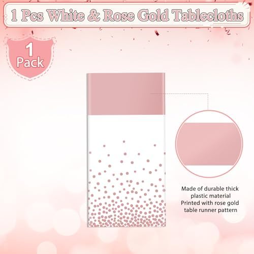 1Pcs White and Rose Gold Tablecloth Party Decorations,Plastic White Table Cloth Printed Rose Gold Table Runner Disposable Rectangle Cover for Birthday Anniversary Wedding Grad Party,54 x108 Inch - Image 4