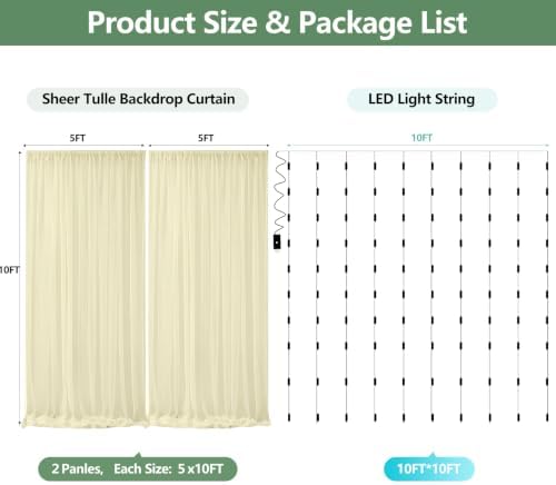 Tulle Backdrop Curtain with Lights String 10FT X 10FT Champagne Sheer Tulle Backdrop Curtains for Wedding Birthday Baby Shower Party Reception Photo Booth Decorations (2 Panels 5x10FT) - Image 3