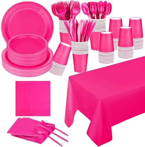 229PCS Hot Pink Party Supplies Set - Paper Disposable Plates Cups Plastic Spoons Forks Knives Napkins Serve 30 Guests by TWOWYHI