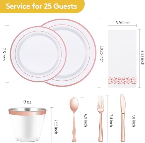 Goodluck 175 Pcs Rose Gold Disposable Party Dinnerware Sets for 25 Guests - Image 4