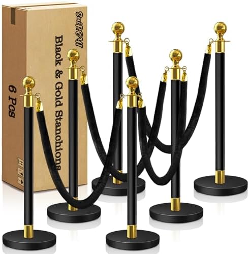 6 Pcs Black & Gold Stanchions with Velvet Ropes with 4 Pcs 5 Ft Black Velvet Ropes Carpet Ropes Posts Stanchion Set for Crowd Control Barriers for Weddings, Events, Hotels, and Party Decor by SuiROYI