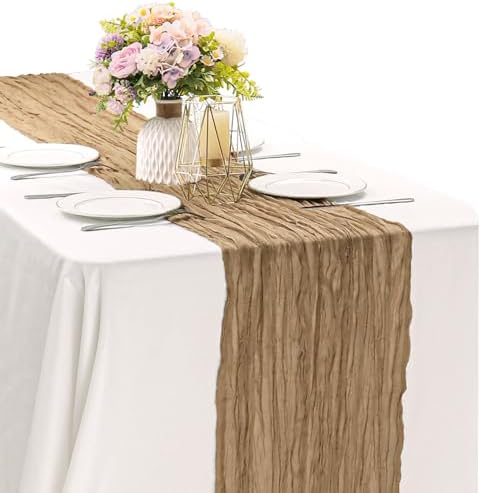Khaki 10FT Cheesecloth Table Runner Boho Gauze Fabric Table Runner Rustic Sheer Runner for Wedding Birthday Baby Shower Party Boho Table Decoration(1 Pack) by JALANCY