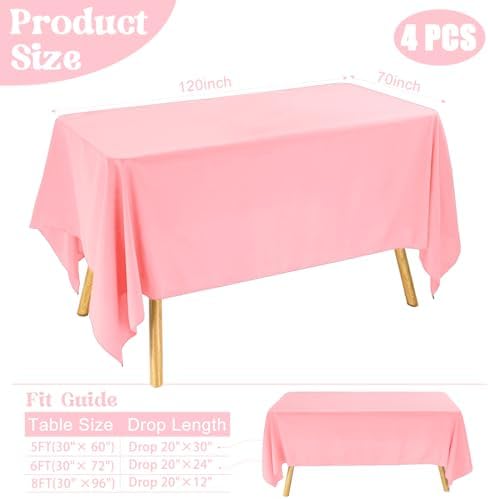 4 Pack Rectangle Tablecloth for 6 Foot Tables Washable Polyester Table Cover for Wedding Dining Table Parties Banquet（70x120 Pink） - Image 2