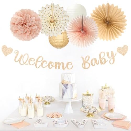 Champagne-Gold Fall Boho Baby Shower Party-Decorations - 21pcs Girls Welcome Baby Banner,Beige One Sweet Peach Paper Lanterns Pom Poms, Neutral Streamers Garland Decor Favors Huglony - Image 5