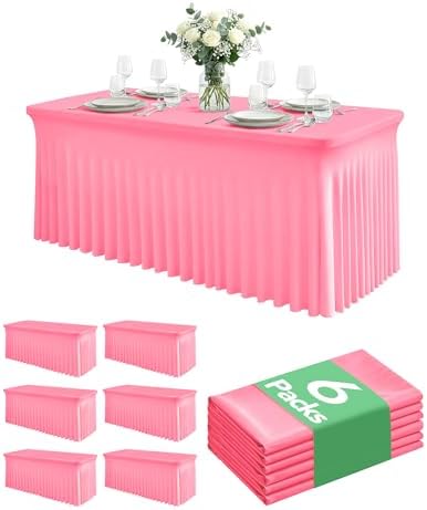 Spandex Table Cover Skirts with Floor-Length Ruffle, 6 ft, Pink, 6 Pack by Keywave