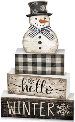 Moucuny 4 Pcs Winter Snowman Tiered Tray Decor Wooden Block Signs by Moucuny