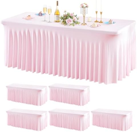 Wish Care 6 Pack Pink Spandex Table Clothes for 8 Foot Rectangle Tables, 8FT Wrinkle Free Fitted Tablecloths Ruffles Design Table Cover for Party, Banquet, Wedding and Events by WishCare