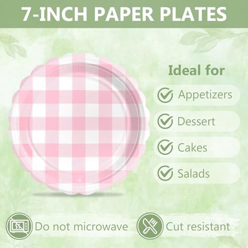 Mulbozy 75 Cute Pink Gingham Paper Plates and Napkins for Party, 25-7" - Image 6