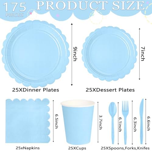 WNINK 175 PCS Light Blue Scalloped Plates and Napkins, Blue Disposable Plates Set with Napkins Cups Plastic Spoons Forks Knives for Birthday Baby Shower Gender Reveal Party Supplies Serve 25 Guests - Image 5