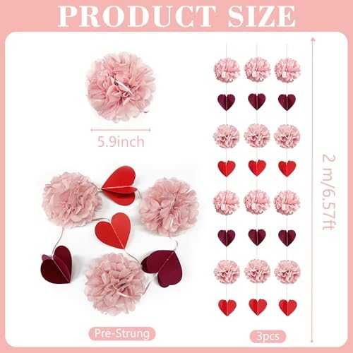 Dusty Rose Pink Party Decoration Tissue Flowers Pom Pom with Burgundy Red 3D Heart Hanging Paper Garland Banner Streamer for Valentines Day Birthday Wedding Shower Bridal Shower Party Supplies - Image 2