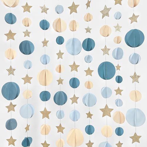 Dusty Blue Champagne Gold Beige 3D Polka Dot Star Hanging Streamer Circle Dot Star Garland Banner for Birthday Bridal Shower Wedding Engagement Nautical Party Decorations Supplies by pinkblume