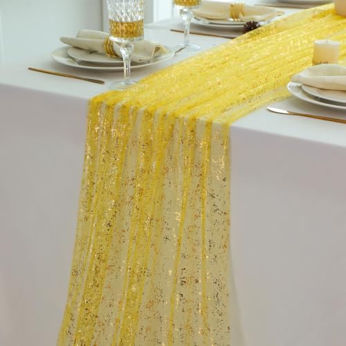 3Pcs Mustard Yellow Gold Table Runner Metallic Foil Sheer Gauze 10ft by Snowkingdom