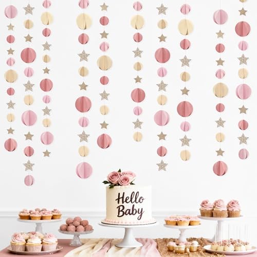 Champagne Gold Dusty Rose Pink Beige 3D Polka Dot Star Hanging Streamer Circle Dot Star Garland Banner for Birthday Bridal Shower Engagement Wedding Hen Party Decorations Supplies - Image 7