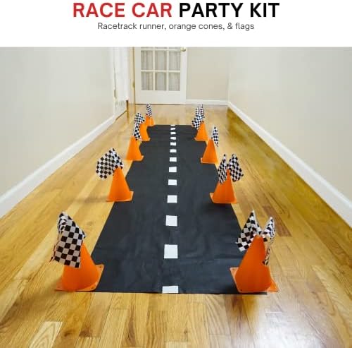 4E's Novelty Race Car Party Supplies Set, 38 Pieces, 12 Traffic Cones, 24 Checkered Flags and Racetrack Floor Runner, Birthday Decorations for Kids - Image 4