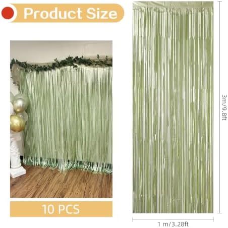 10 Pack Sage Green Foil Curtain Backdrop 3.2ft x 9.8ft Metallic Tinsel Foil Fringe Curtains Streamer Backdrop for Birthday Party Halloween Christmas New Year Party Supply (Matte Sage Green) - Image 3