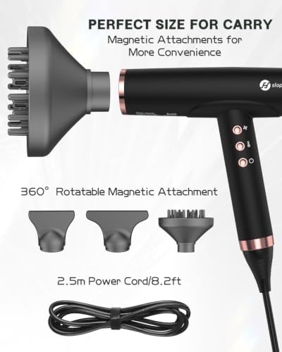 slopehill Professional Ionic Hair Dryer with Diffuser - Lightweight, Compact, Powerful & Fast Salon Blow Dryer with High Speed Brushless Motor for Travel, Women & Men Ceramic, Black - Image 4