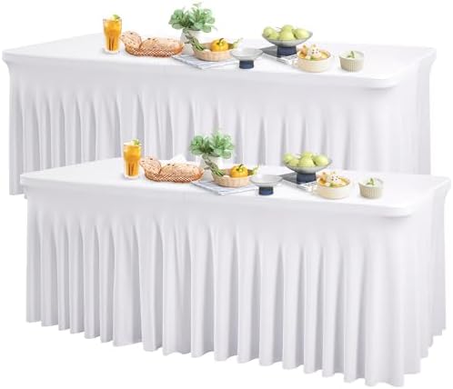Wish Care 2 Pack White Spandex Table Clothes for 8 Foot Rectangle Tables, 8FT Wrinkle Free Fitted Tablecloths Ruffles Design Table Cover for Party, Banquet, Wedding and Events by WishCare