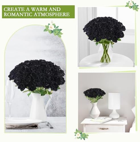 Hananona 50 Pcs Artificial Roses, Realistic Silk Black Flowers Bulk - Image 4