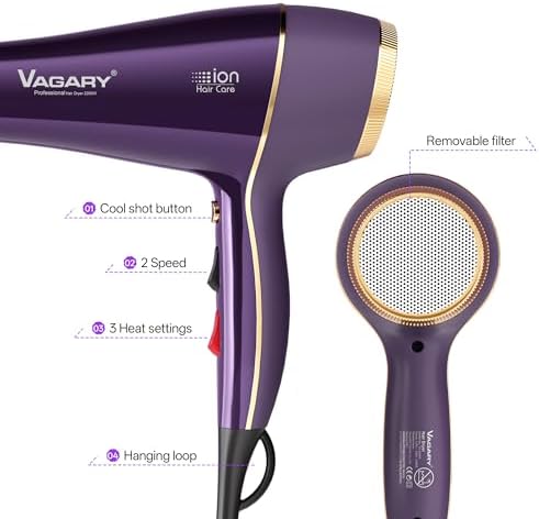 VAGARY Hair Dryer with Diffuser Concentrator, 2200W Professional Salon Ionic Blow Dryer for Frizz Free Smooth Hair, Featuring 2 Speeds and 2 Heat Settings, Cool Shot Button（Purple） - Image 5