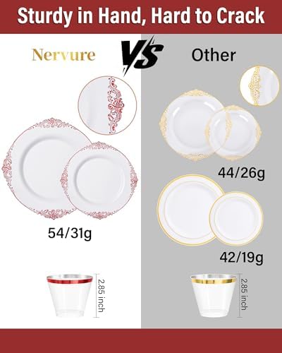 Nervure 350Pcs Red Plastic Plates, Plastic Dinnerware Set for 50 Guests - Image 3