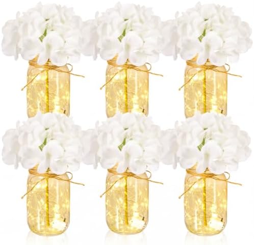 6 Sets Hydrangea Mason Jar Centerpiece with LED Lights for Wedding by Tianxunewtig