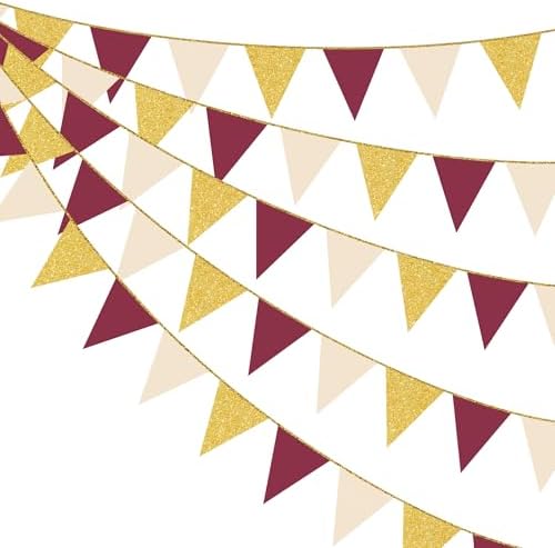 Burgundy Beige Gold Party Pennant Banner Flag Maroon Gold Hanging Glitter Paper Triangle Bunting for Graduation Birthday Bridal Shower Wedding Bachelorette Anniversary Party Decorations by pinkblume
