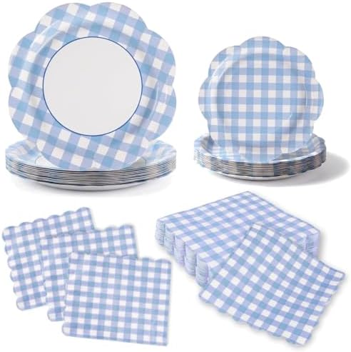 150Pcs Blue Gingham Paper Plates and Napkins Party Supplies for 50 Guests by OuMuaMua