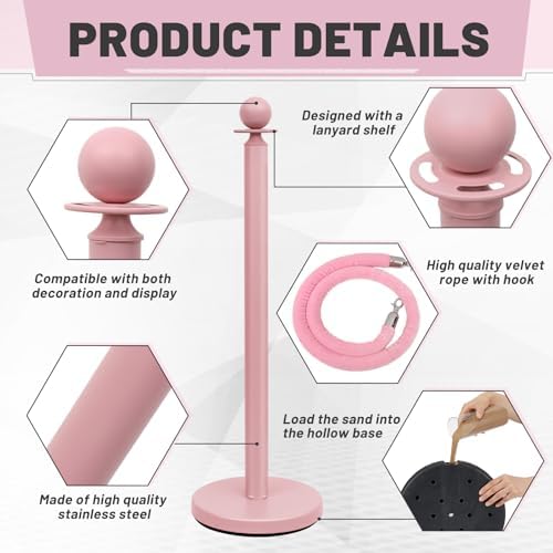 Ferraycle 4 Pc Stainless Steel Stanchion 38 Inch with Velvet Rope,Gray Pink - Image 5