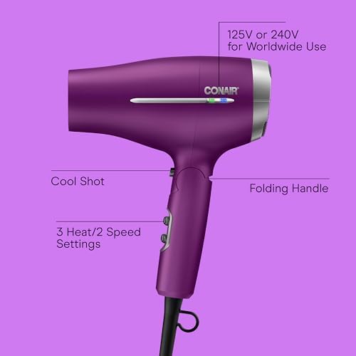 Conair Travel Hair Dryer, Double-Ceramic Design, Foldable Handle, Purple - Image 2