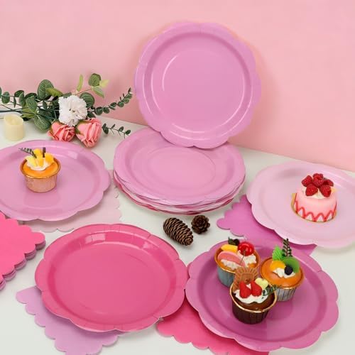 96Pcs Pink Plates and Napkins Party Supplies,Gradient Pink 9inch Scalloped Plate and Napkin Tableware Set for Baby Shower Wedding Birthday Decorations Serves 48 Guests - Image 6