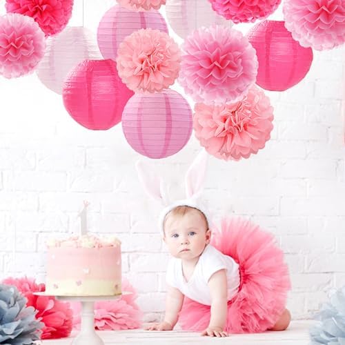 Light-Hot Pink Party-Decorations Paper-Flowers Lanterns - 15pcs Graduation Girl Birthday Decor Tissue Pom Poms Streamers, Bridal Baby Shower Wedding Bachelorette Valentine Hanging Supplies Hugfond - Image 5