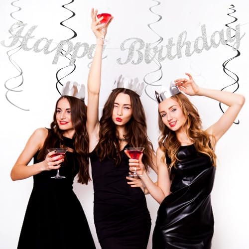 Black White Silver Birthday Party-decorations - 21pcs Boys Men Happy Banner,Paper Streamers Lanterns Honeycomb,Tissue Pom Poms Fan,Adult Supplies Decor 16th 20th 40th 45th 50th 60th Huglony - Image 6